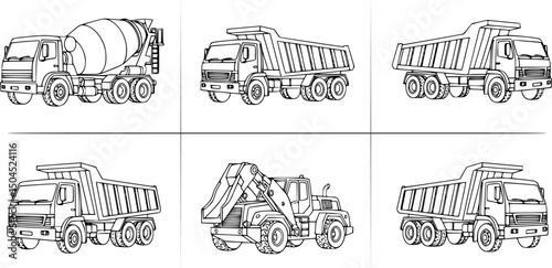 A grid of six black-and-white line drawings of construction trucks. The top row features two cement mixers, both with large, cylindrical drums on their backs, and two rear-dump trucks with open beds.