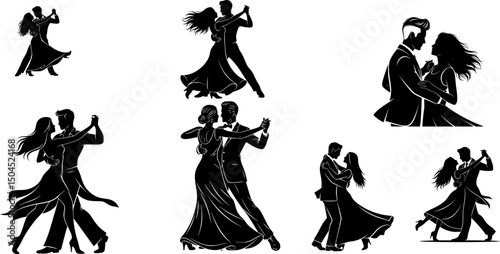 A set of Stylized black dancing couple silhouette showcasing modern movement and connection. Great for posters, invitations, or dance studio branding.