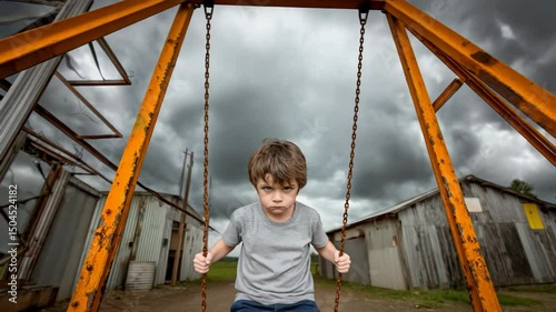 A lonely child sits on a swing during a gray, moody evening, symbolizing emotional neglect and the silent pain of growing up in a troubled family. Generative AI 4K video.