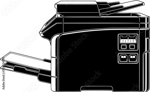 A monochrome illustration of a printer, showing its side profile with visible paper tray and input slots. The printer features a streamlined design, with a top cover slightly ajar