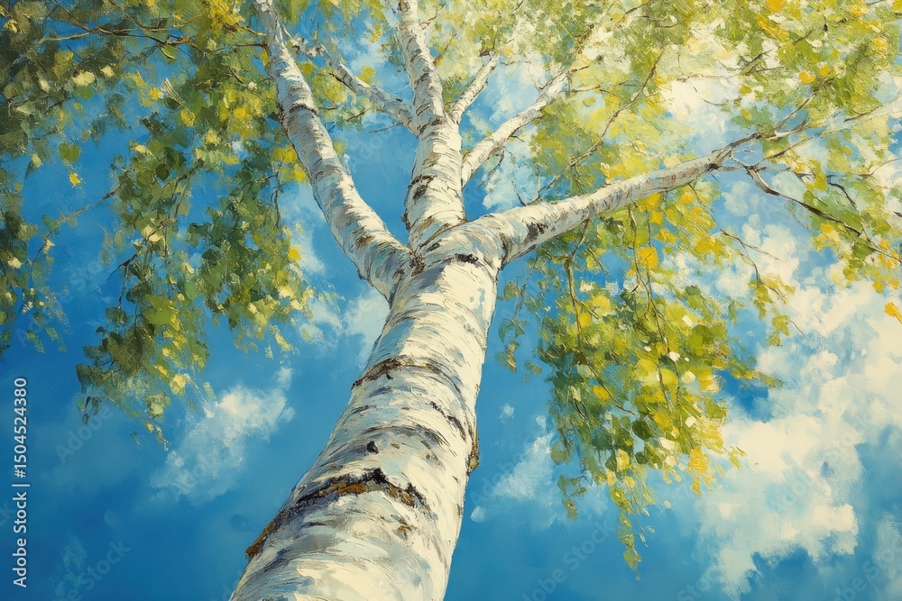 Fototapeta premium Vibrant birch tree reaching for the summer sky on a sunny day, Birch tree on a sunny summer day
