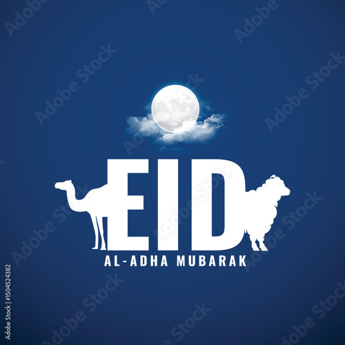 Eid Adha Mubarak night view full moon calligraphy logo vector islamic template social media web post creative idea concept arabs and muslim festival eid celebration background poster banner flyer