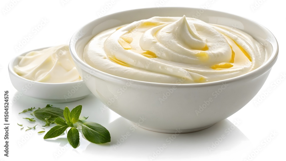 Healthy Greek Yogurt or Sour Cream Topping with Fresh Herbs - White Background Healthy Greek Yogurt or Sour Cream Topping with Fresh Herbs - White Background