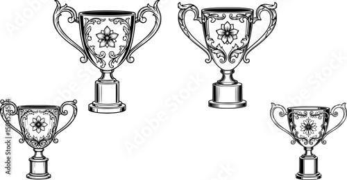A decorative trophy featuring ornate flourishes, two curved handles, and a floral design on the front. The trophy stands on a cylindrical base, showcasing elegance with a symmetrical shape