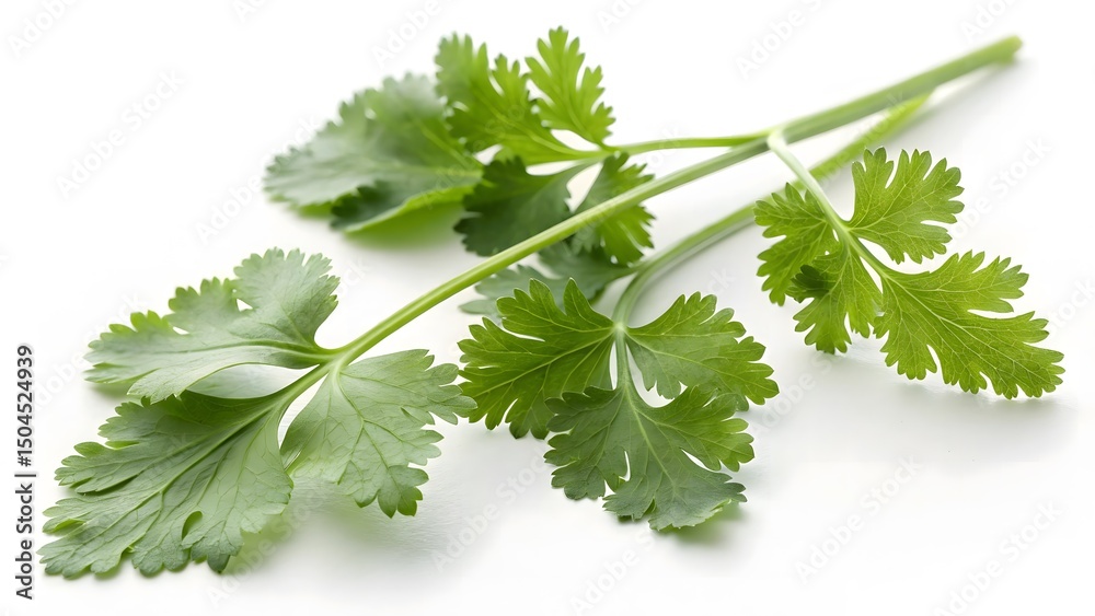 Fototapeta premium Single Bunch of Fresh Cilantro Leaves on Clean White Surface - Studio Shot