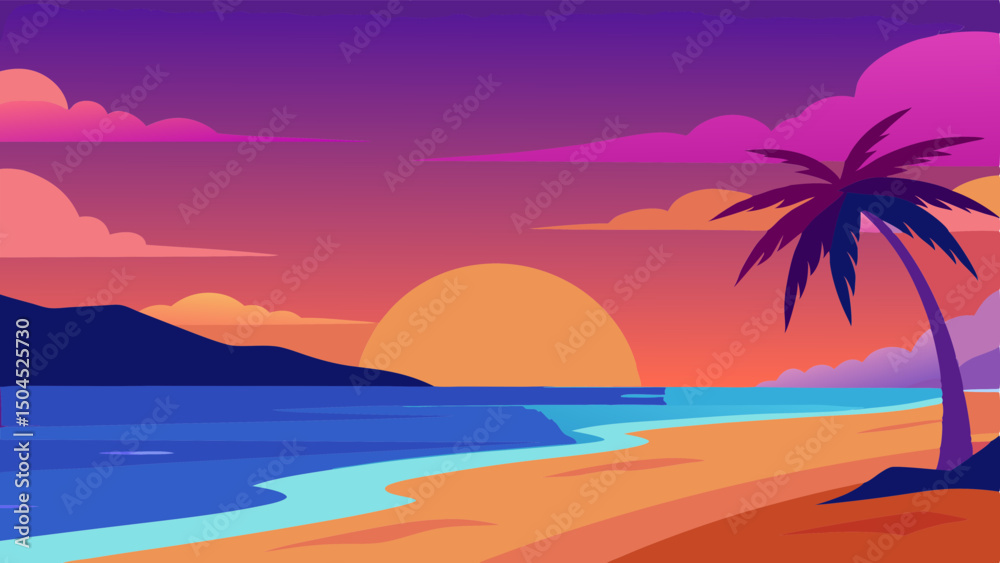 Fototapeta premium Sunset Beach View with Vibrant Skies Vector