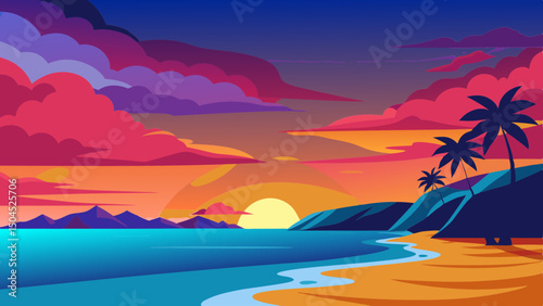 Calm Beach Scene at Dusk with Radiant Colors Vector
