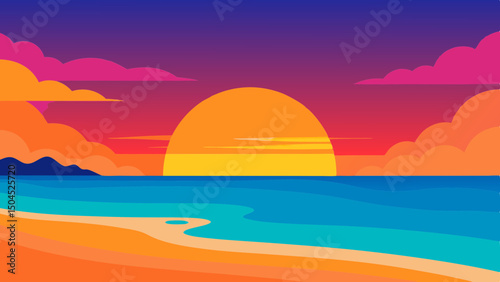 Vibrant Sunset over Peaceful Ocean Beach
