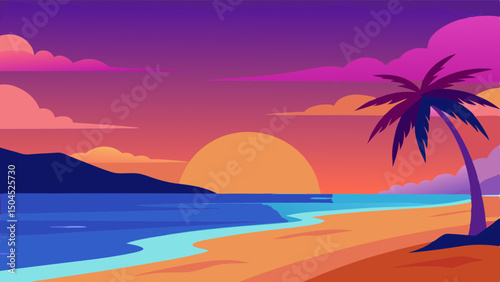 Sunset Beach View with Vibrant Skies Vector
