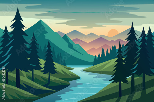 Forest River Flowing Through Tall Pines Vector Art