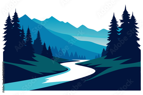 Serene Woods with River Among Tall Trees Vector