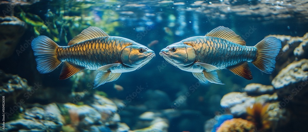 Fototapeta premium Two fish face each other in an aquarium, underwater, with plants and rocks
