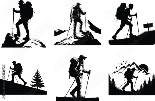 Hiking Set of Silhouette Bundle of Hiker Mountain Vector Art and White Background. Vector Illustration.