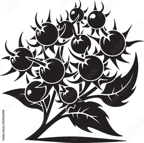 Deadly Nightshade Fruit Black Silhouette Vector, Poisonous Plant Clipart & Gothic Botanical Design