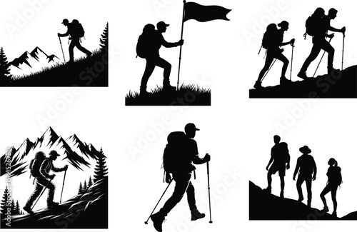 Hiking Set of Silhouette Bundle of Hiker Mountain Vector Art and White Background. Vector Illustration.