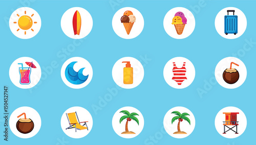 Summer icons and symbols collection featuring beach holiday elements on light blue background