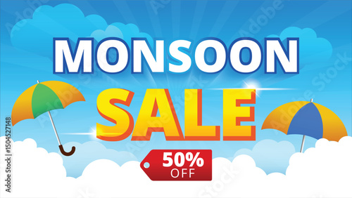 monsoon sale banner template,cloudy background,Monsoon special offer vector illustration.Huge offer with creative design,umbrella,clouds.