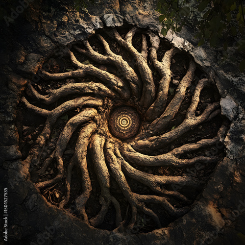 Tree roots forming a mandala pattern