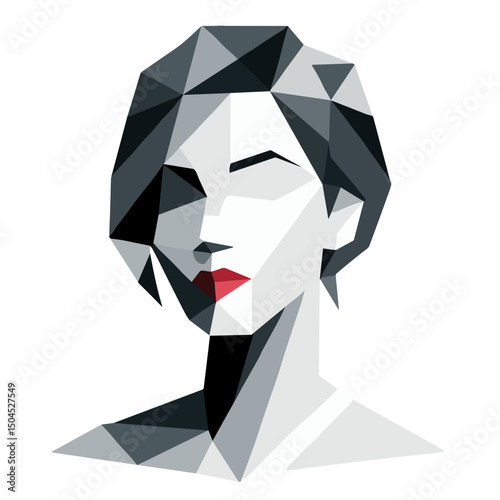 Stylized vector image of a monochrome woman with red lips in a low-poly design on transparent background for feminity concept