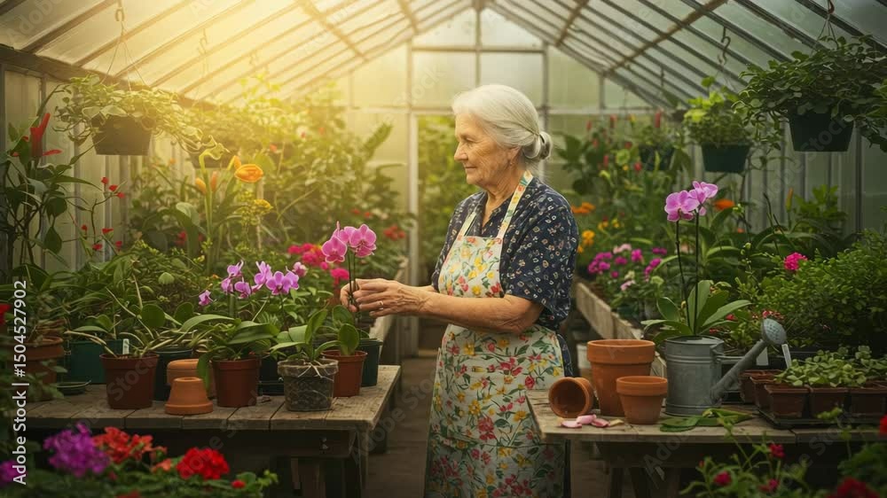 Senior woman gently tends blooming orchids in a cozy greenhouse filled with plants and warm sunlight, reflecting calm, care, and love for nature. Senior woman gently tends blooming orchids in a cozy greenhouse filled with plants and warm sunlight, reflecting calm, care, and love for nature.