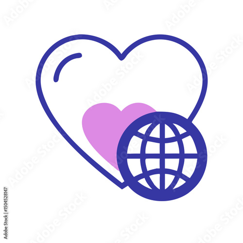 Heart with Globe Icon - Global Love and Worldwide Care Symbol