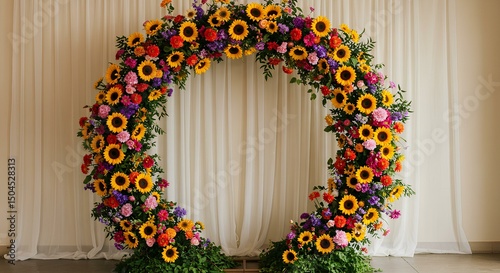 Vibrant floral archway adorned with sunflowers and colorful blooms for a celebratory event.
