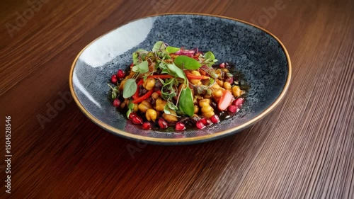 Wallpaper Mural Artisan plate of chickpeas, red peppers, herbs, and pomegranates on rustic wooden table, top view, healthy eating, fine dining, modern cuisine Torontodigital.ca