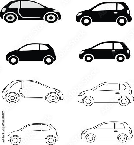 car icon collection, smart vehicle symbols in flat and line art.