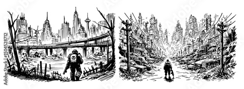 post-apocalyptic cityscape with lone figure in black and white vector style