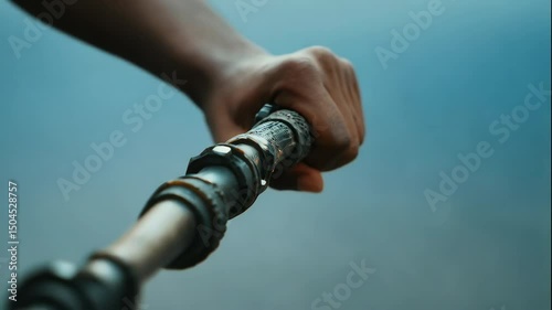 Close up shot of a hand gripping ornate metallic motorcycle handlebars against blurred blue background, ready for a fun and freeing adventure.