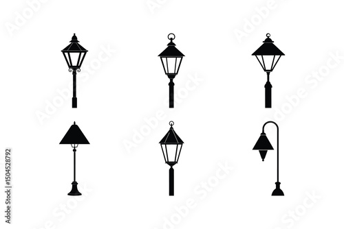 Set of street lamp silhouette on white background