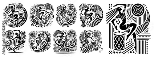 tribal dancers and musicians in abstract black and white vector style