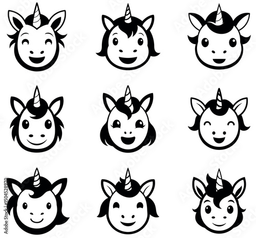 Unicorn Faces Vector Set - Cute Magical Mythical Icons