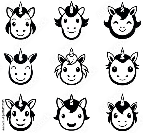 Unicorn Faces Vector Set - Cute Magical Mythical Icons