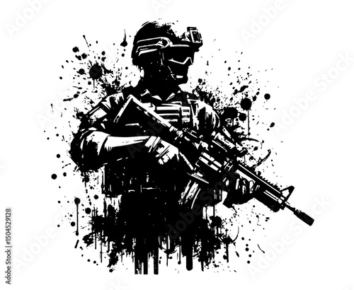 modern soldier with rifle in tactical gear and ink grunge style