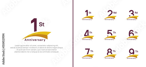 set of anniversary logo style yellow ribbon. vector design purple color for celebration