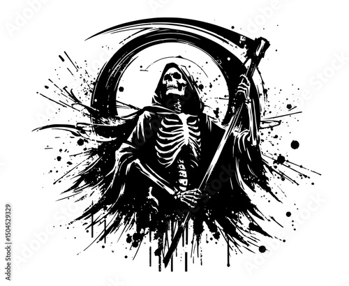 grim reaper with scythe in dynamic ink splash silhouette