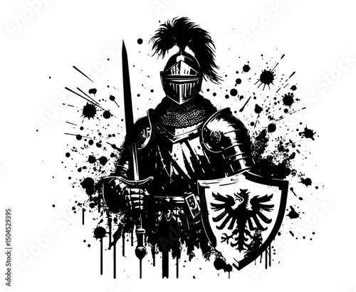 medieval knight with sword and shield in grunge ink style