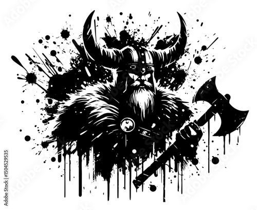 viking warrior with axe in bold black and white ink style