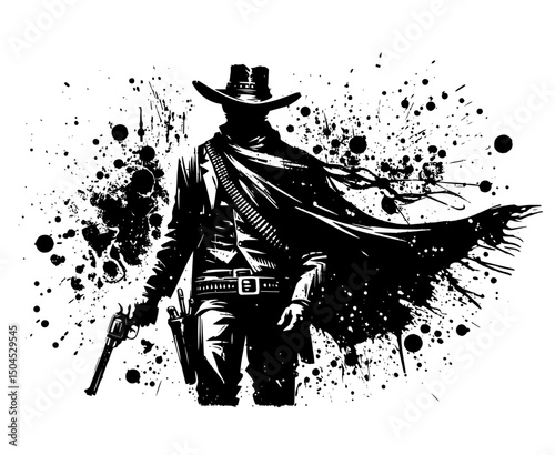 western cowboy with gun in dramatic ink splash silhouette