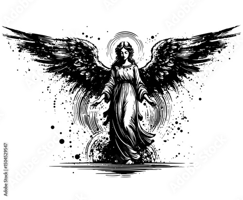 angel with wings in detailed spiritual ink art style