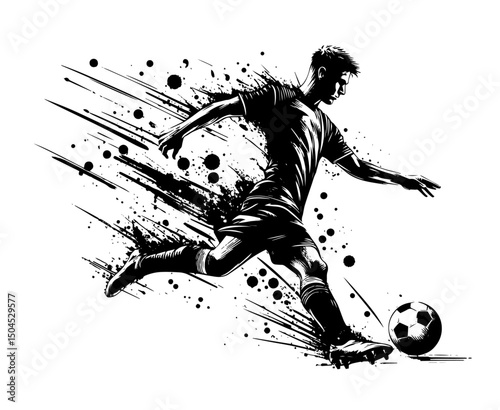 soccer player kicking ball in dynamic black and white ink style