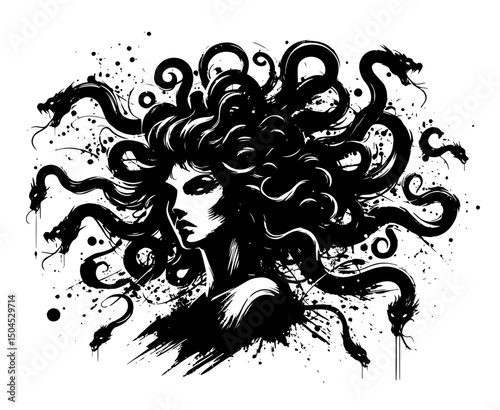 medusa portrait with snakes in dynamic black and white ink style