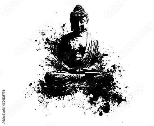 buddha in meditation pose with grunge ink background
