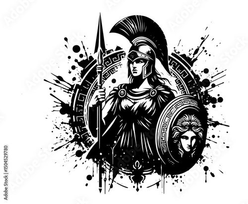 athena with spear and shield in dynamic black and white ink style
