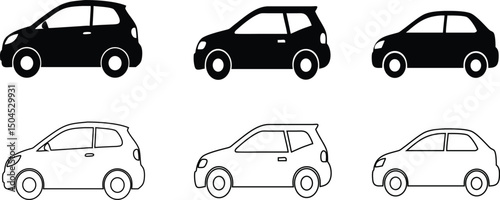 Smart car vector icons, flat and outline designs for driverless vehicles.