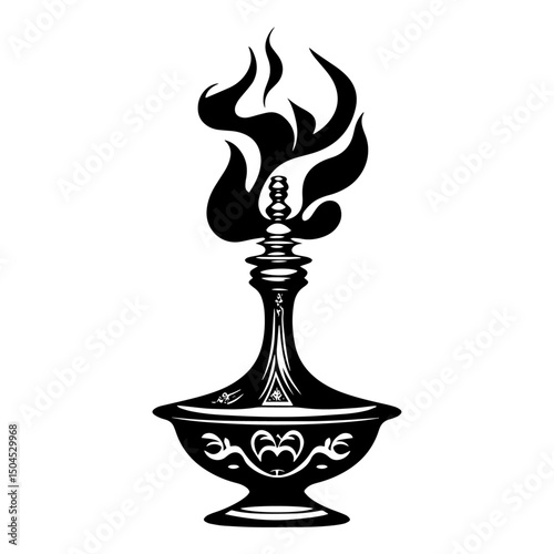 magic oil lamp with flame in ornamental silhouette style