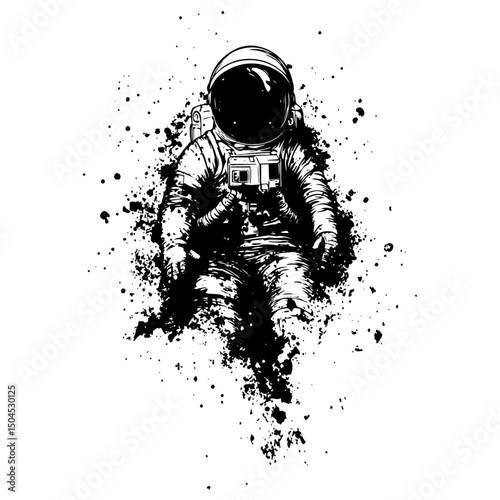 astronaut floating in space with splattered ink silhouette