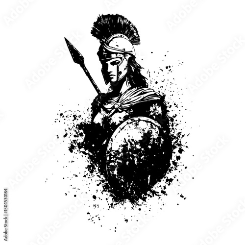 ancient greek warrior with spear and shield in grunge ink style