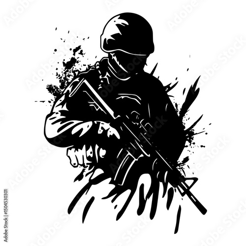 modern soldier with rifle in tactical pose and ink grunge style